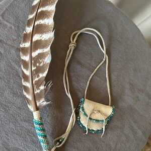 Hand Beaded Feather and Medicine Pouch